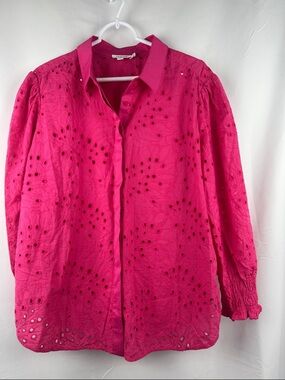 Chico's Pink Eyelet Cotton Button-Down Shirt Size 3 US 16 Smocked Cuffs